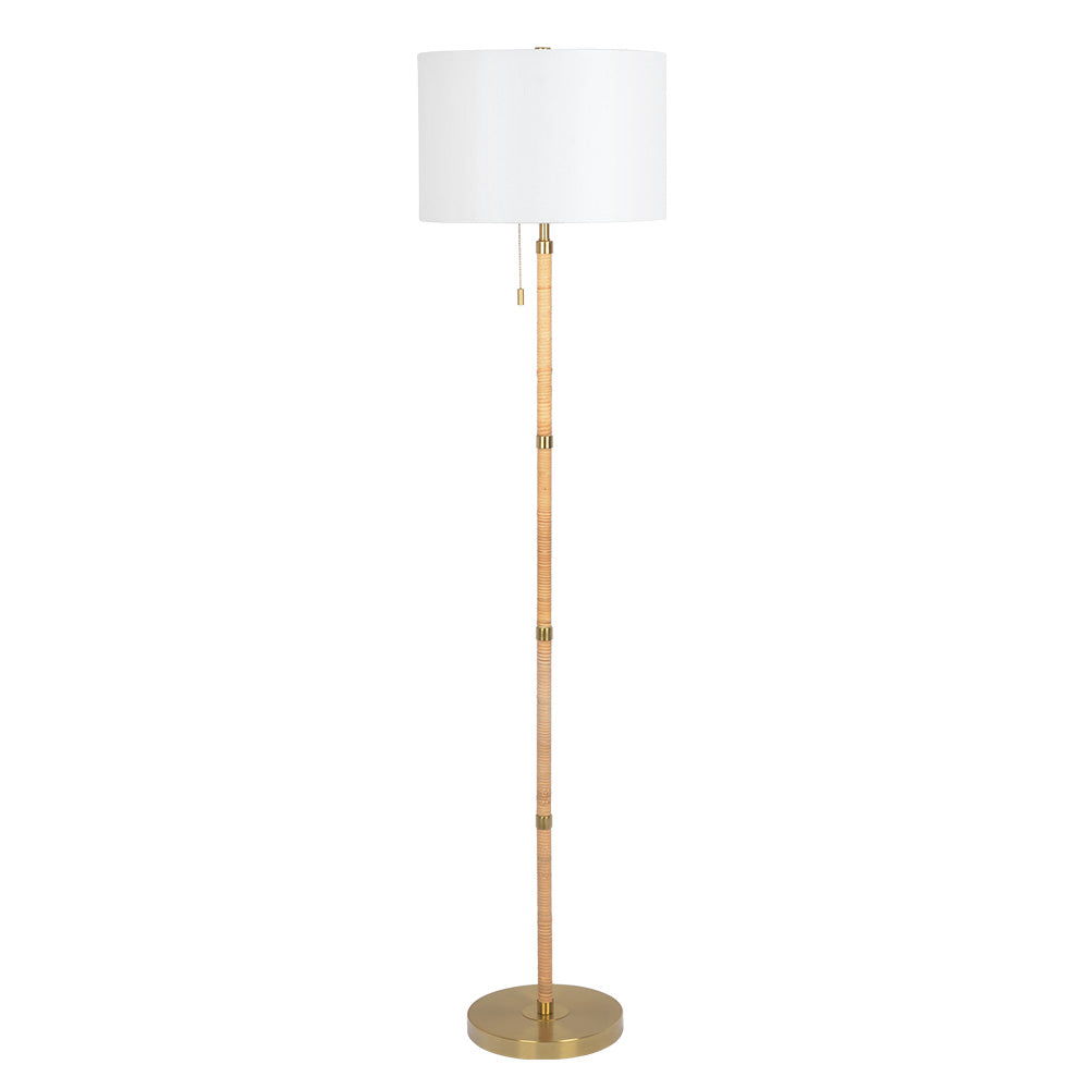 The Stellar Linen Shade Floor Lamp features a round white shade, slender pole with gold accents, circular base, and pull chain switch. Available in Gold, Natural Wood, Rattan, and White finishes.