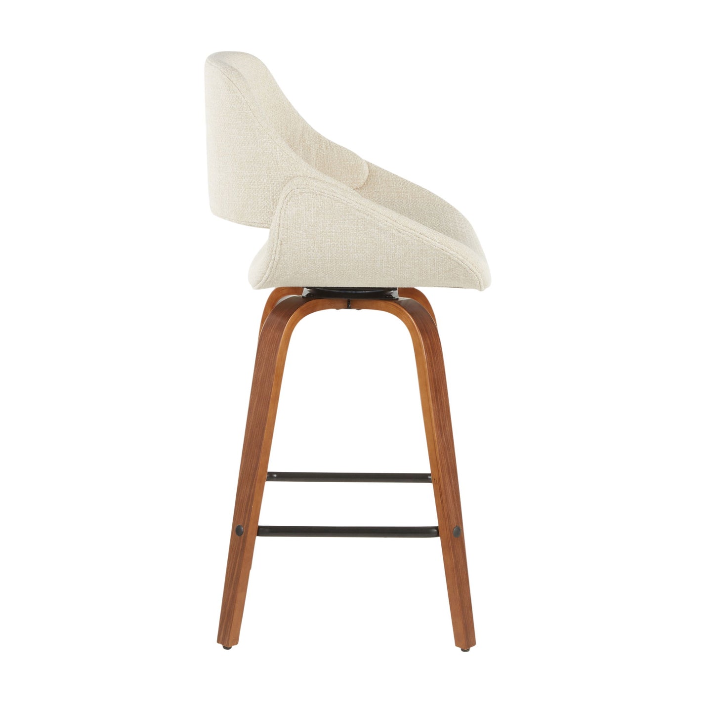 The Fabrico Mid-Century Modern Counter Stool (Set of 2) features a curved upholstered beige seat and backrest, angled wooden legs, and a black metal footrest, shown in profile view.