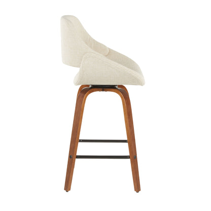 The Fabrico Mid-Century Modern Counter Stool (Set of 2) features a curved upholstered beige seat and backrest, angled wooden legs, and a black metal footrest, shown in profile view.