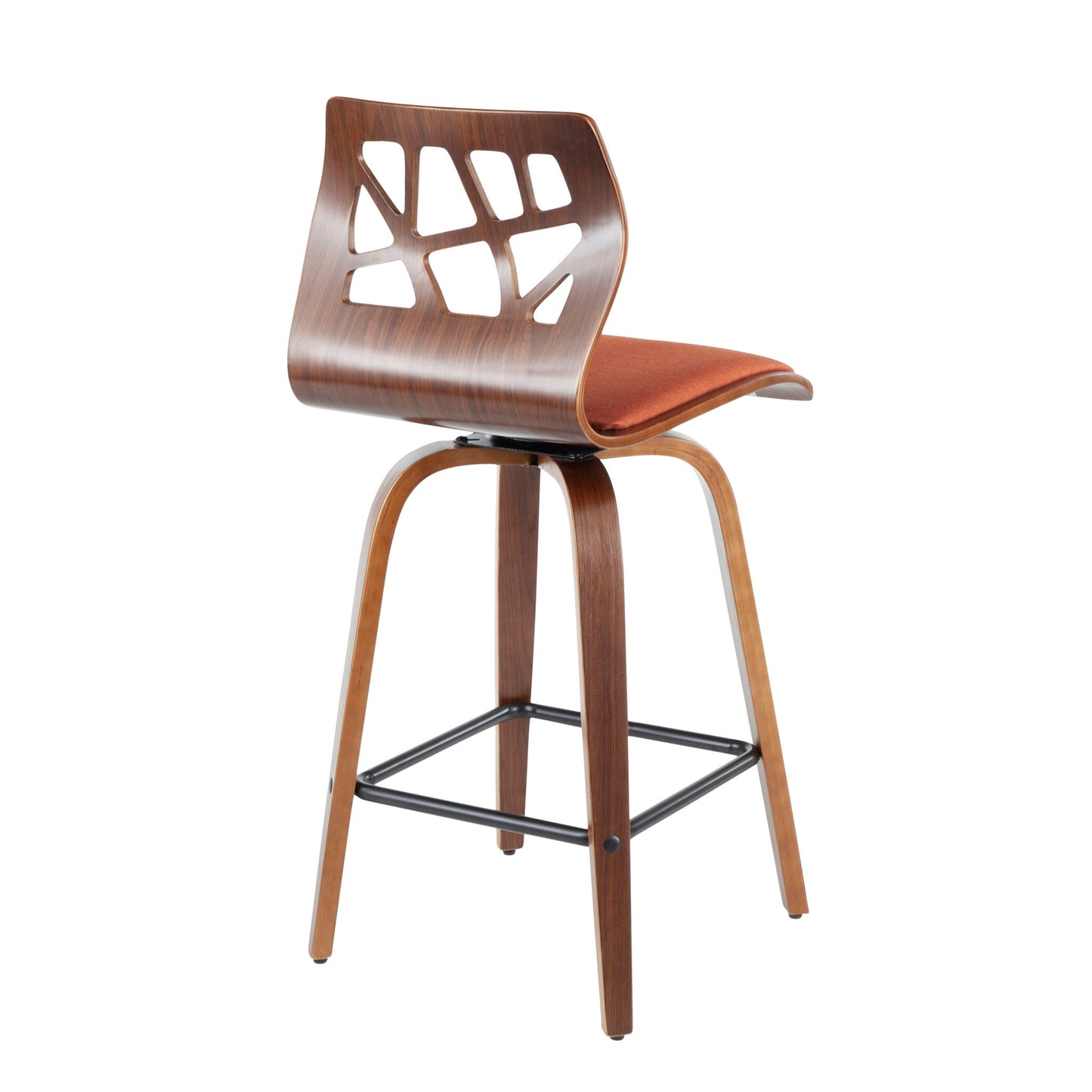 The Folia set includes two mid-century modern counter stools featuring a curved wooden frame, geometric cutout backrest, orange cushioned seat, metal footrest, and fixed height swivel design.