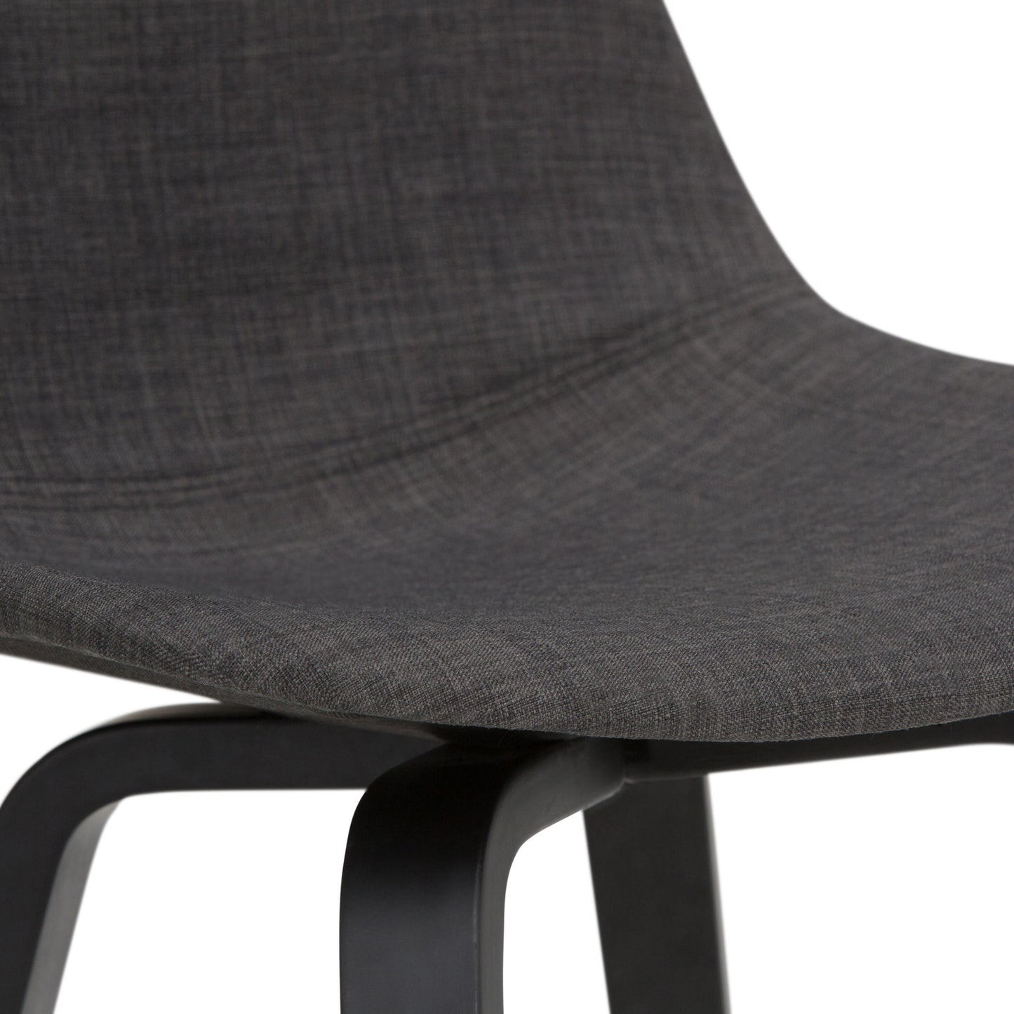 Close-up of the Randolph Bentwood Counter / Bar Height Stool, featuring a curved dark grey upholstered seat and backrest with black wooden legs.