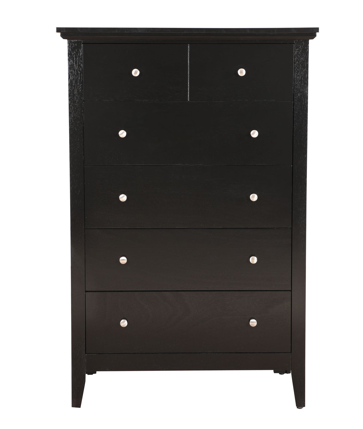 The Hammond Chest is a tall, dark wood dresser with six drawers, each fitted with small round silver knobs. It has a simple, modern design and a smooth finish.