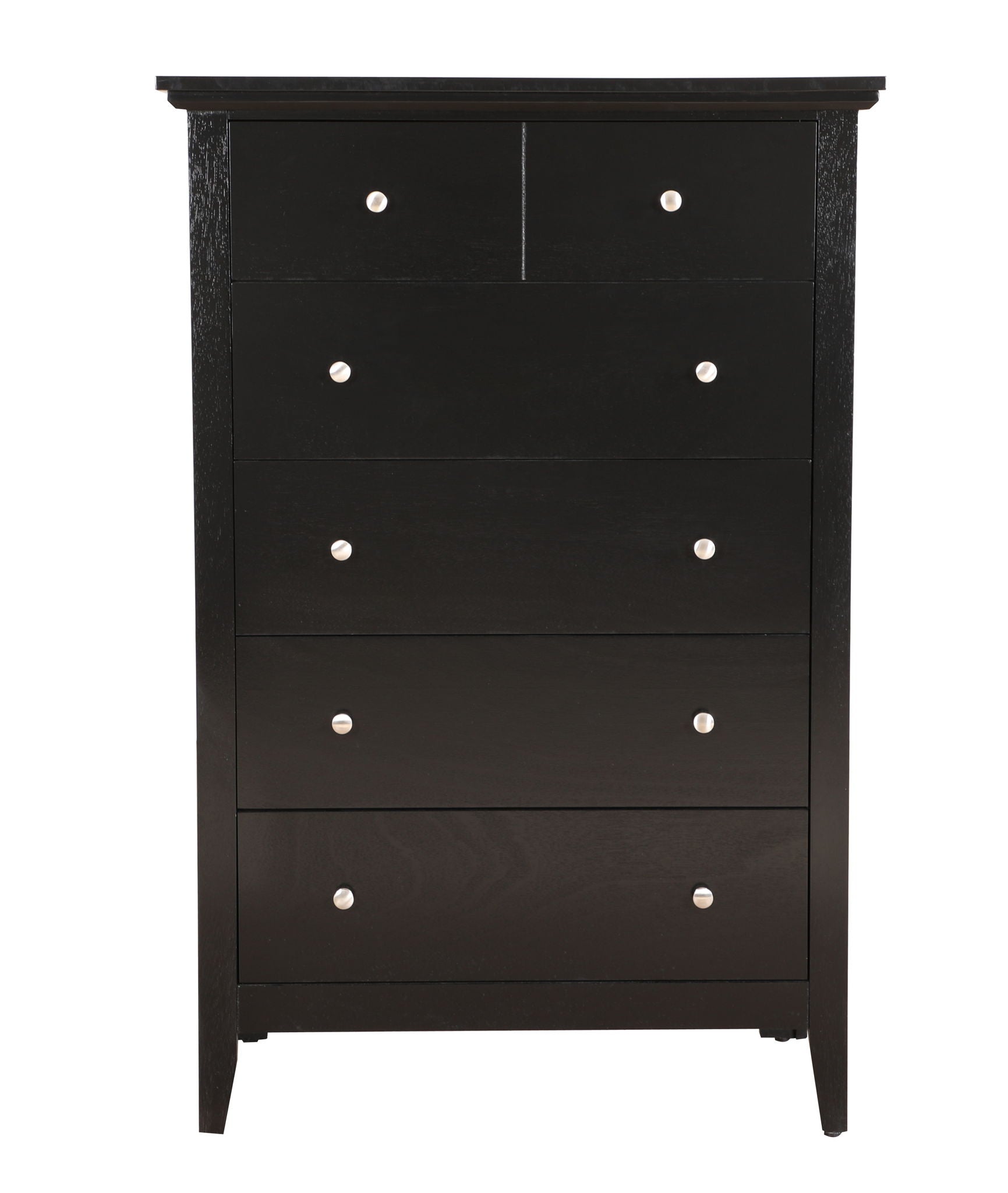 The Hammond Chest is a tall, dark wood dresser with six drawers, each fitted with small round silver knobs. It has a simple, modern design and a smooth finish.