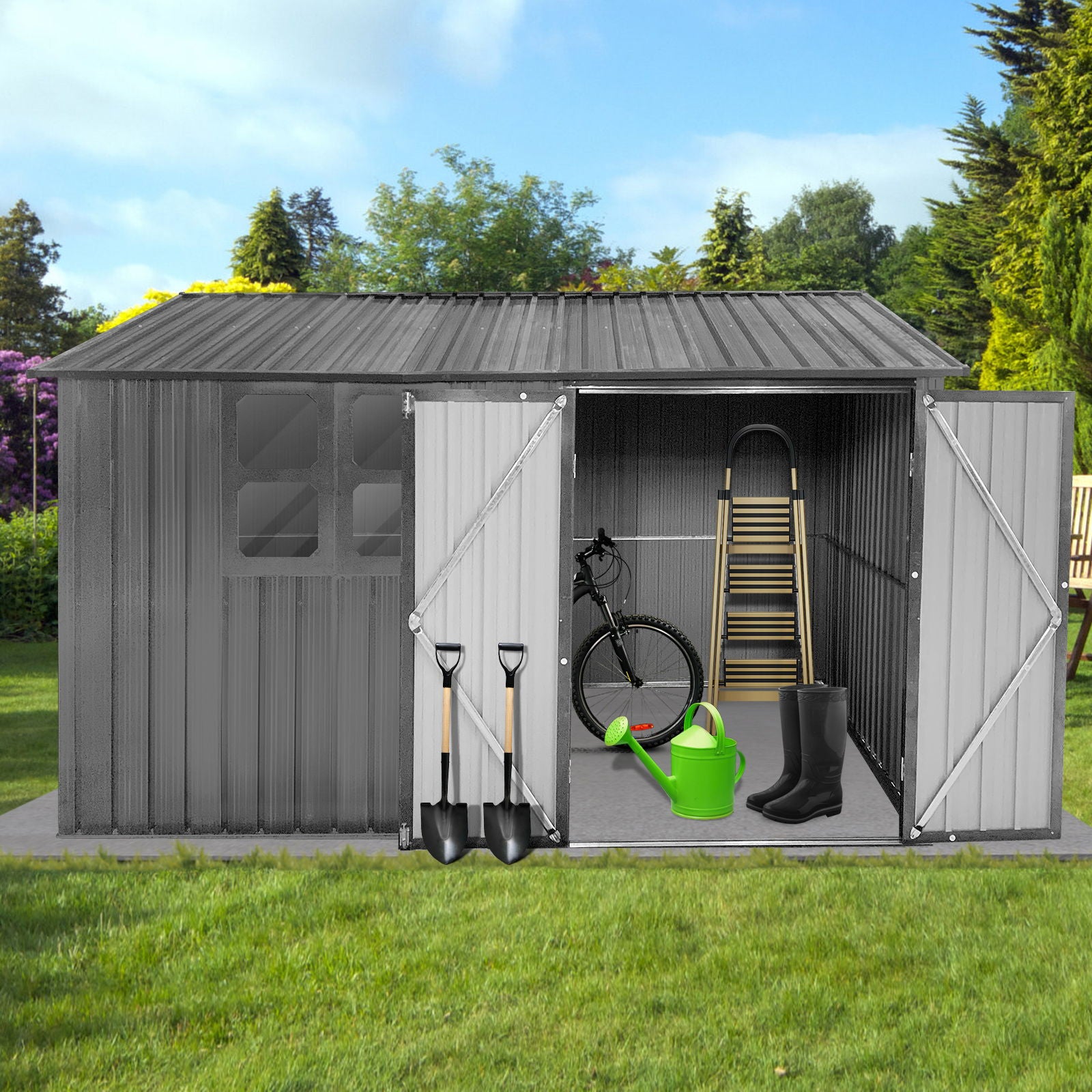 The 10' x 8' Garden Sheds Outdoor Storage Sheds With Window, set on grass with trees and bushes behind, stands open to show a bicycle, ladder, green watering can, black boots, and three shovels stored inside.
