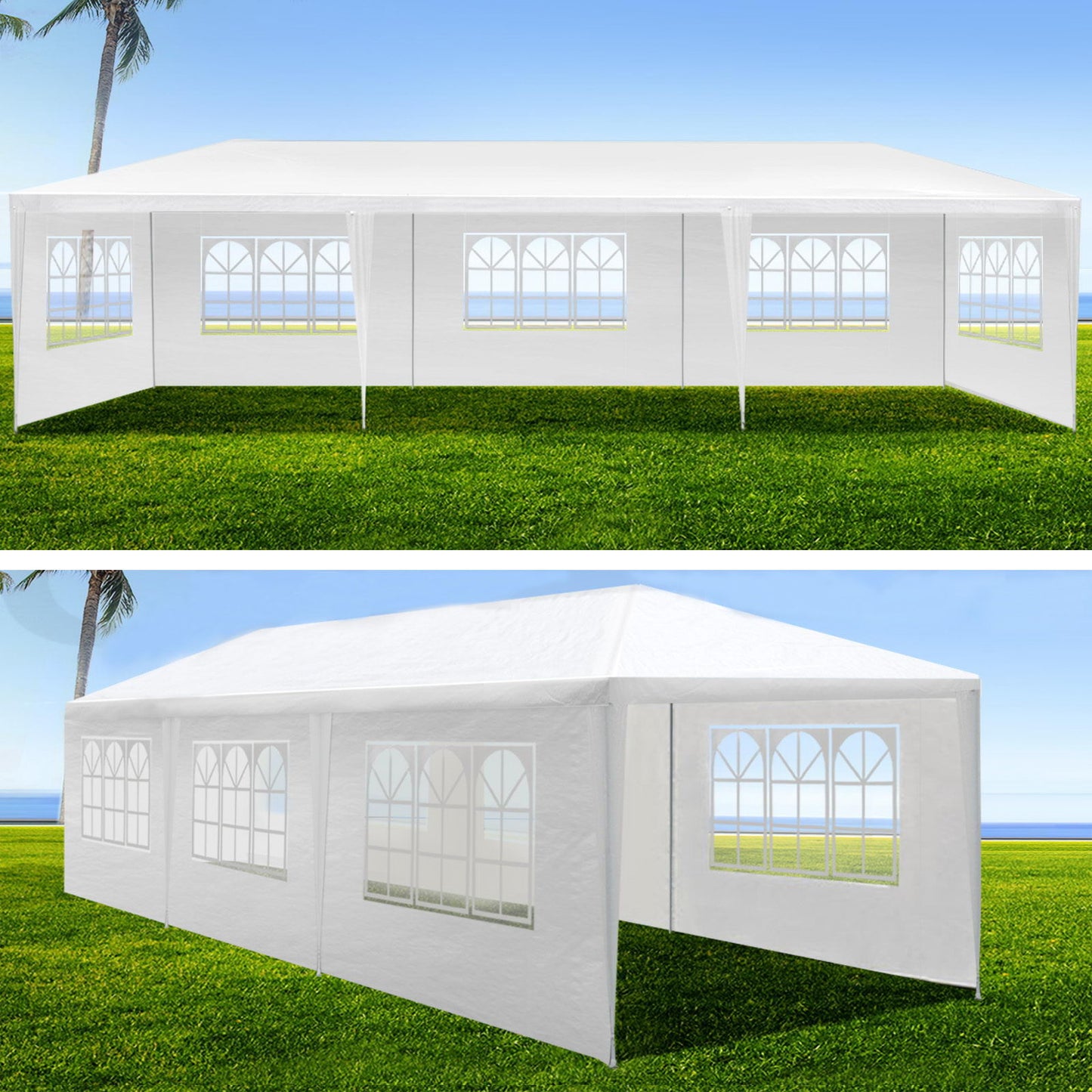 Two views of the 10X20' Outdoor Garden Gazebo Wedding Party Tent Canopy Marquee with removable sidewalls, featuring arched windows, set up on green grass with a blue sky, ocean, and palm trees in the background.