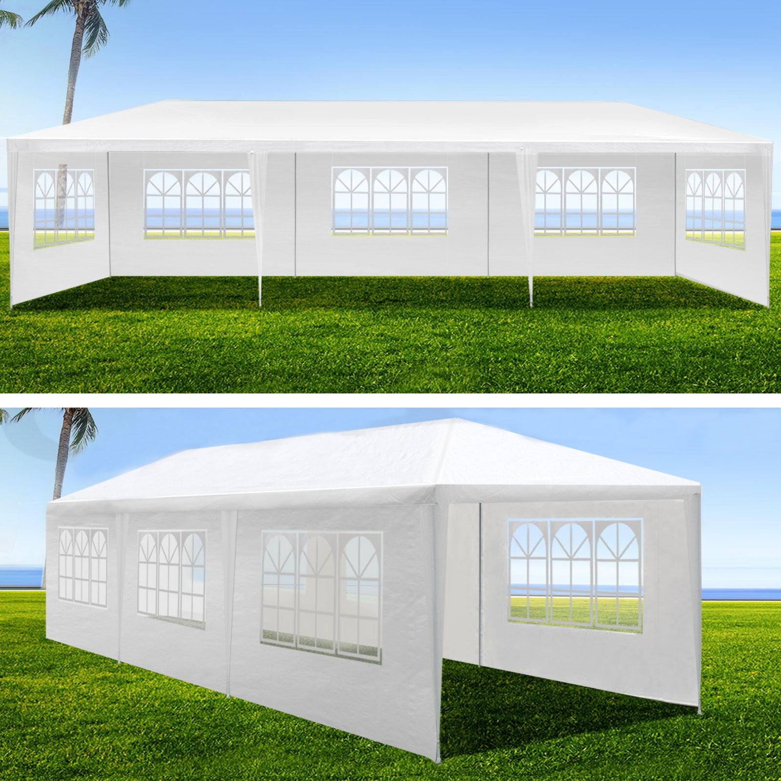 Two views of the 10X20' Outdoor Garden Gazebo Wedding Party Tent Canopy Marquee with removable sidewalls, featuring arched windows, set up on green grass with a blue sky, ocean, and palm trees in the background.