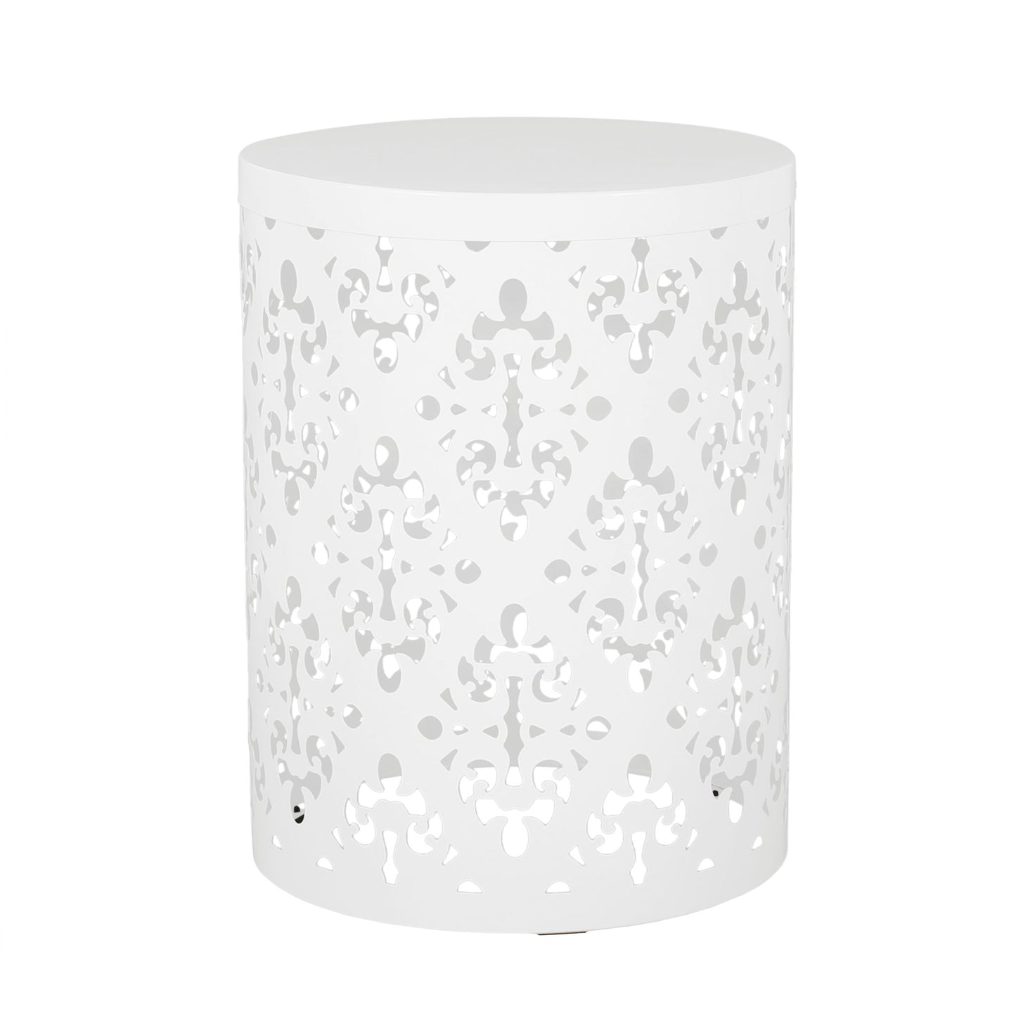 The Outdoor Metal Modern Design End Table is a round, white metal side table featuring an intricate decorative cut-out pattern on its sides and a solid top.