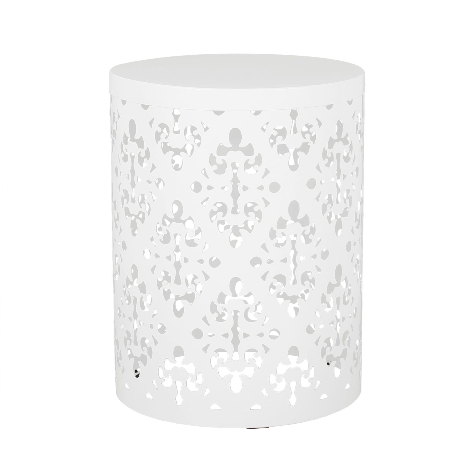 The Outdoor Metal Modern Design End Table is a round, white metal side table featuring an intricate decorative cut-out pattern on its sides and a solid top.