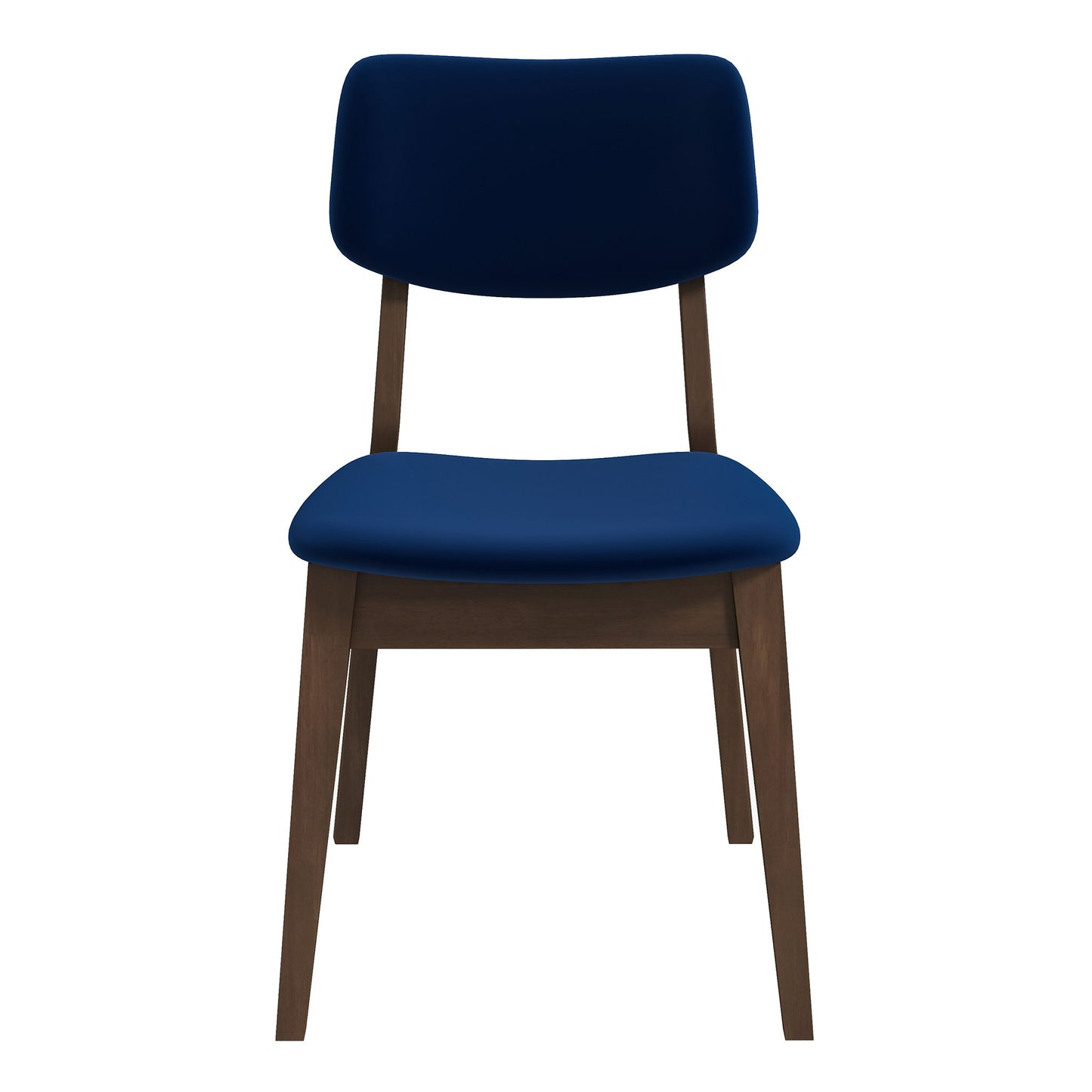 The Carlos Solid Back Side Chair (Set of 2) features a modern wooden frame with dark brown legs and a padded seat and backrest upholstered in dark blue fabric, shown against a white background.