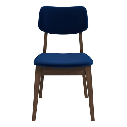The Carlos Solid Back Side Chair (Set of 2) features a modern wooden frame with dark brown legs and a padded seat and backrest upholstered in dark blue fabric, shown against a white background.