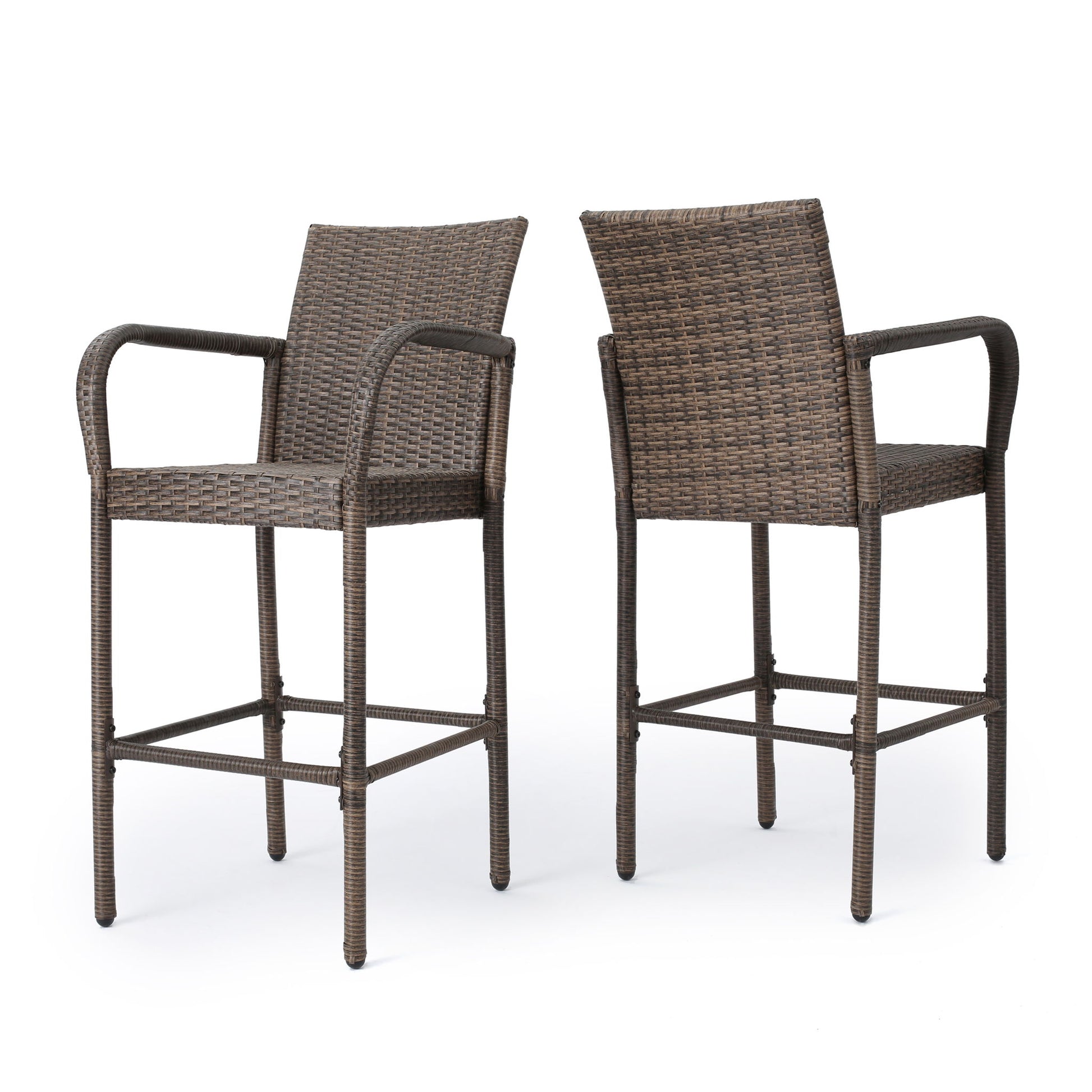 Two Outdoor Wicker Barstools With Rattan And Iron Frame are shown against a white background; one faces forward while the other is angled to display the back. Both feature armrests and footrests.