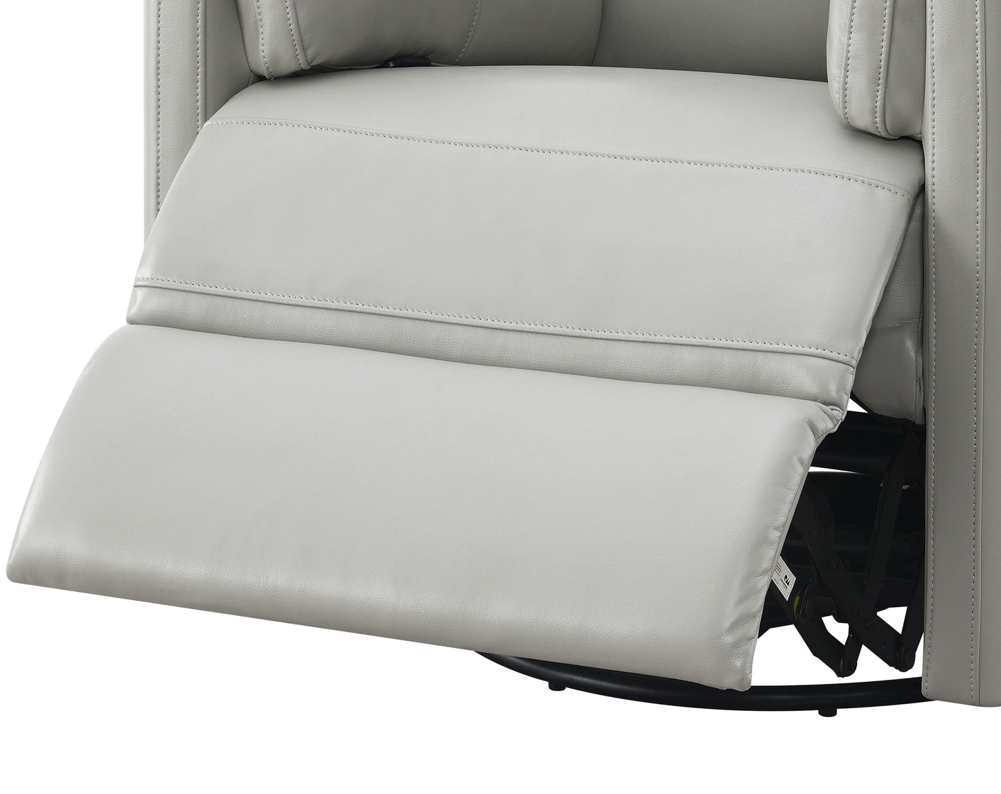 A close-up of the Sagen - Chenille Glider Recliner With Swivel showcases the extended footrest. The recliner is upholstered in light gray chenille, with a partially visible metal base beneath the footrest.
