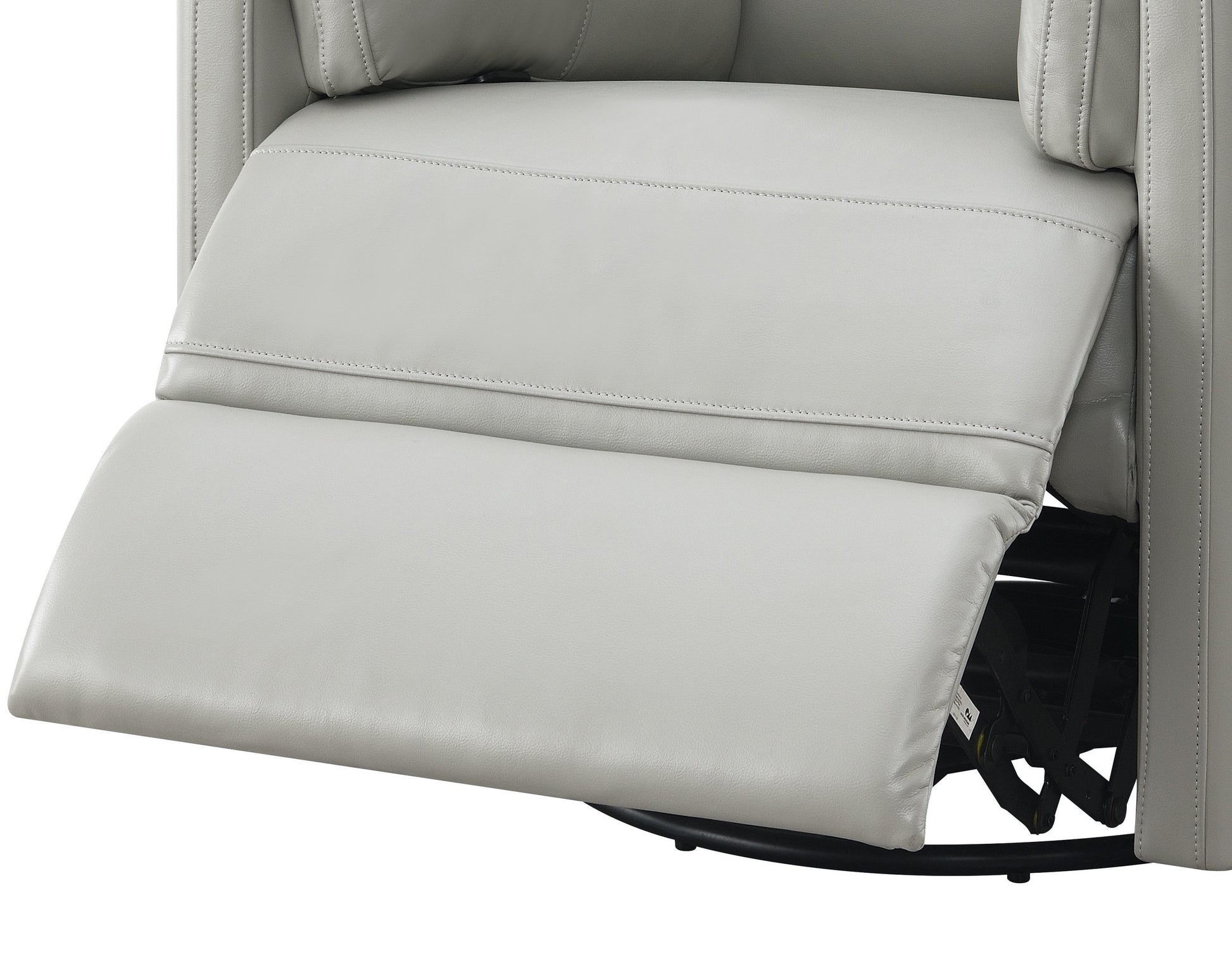 A close-up of the Sagen - Chenille Glider Recliner With Swivel showcases the extended footrest. The recliner is upholstered in light gray chenille, with a partially visible metal base beneath the footrest.