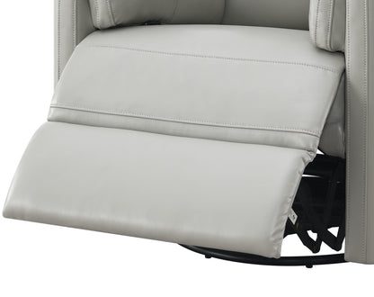 A close-up of the Sagen - Chenille Glider Recliner With Swivel showcases the extended footrest. The recliner is upholstered in light gray chenille, with a partially visible metal base beneath the footrest.