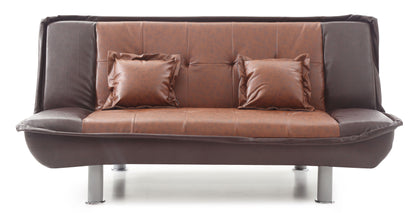 The Lionel - Sofa Bed - Two Tone is a modern brown sofa with matching cushions, blending dark and light brown upholstery. Its sleek lines, metal legs, and minimalist design are set against a plain white background.