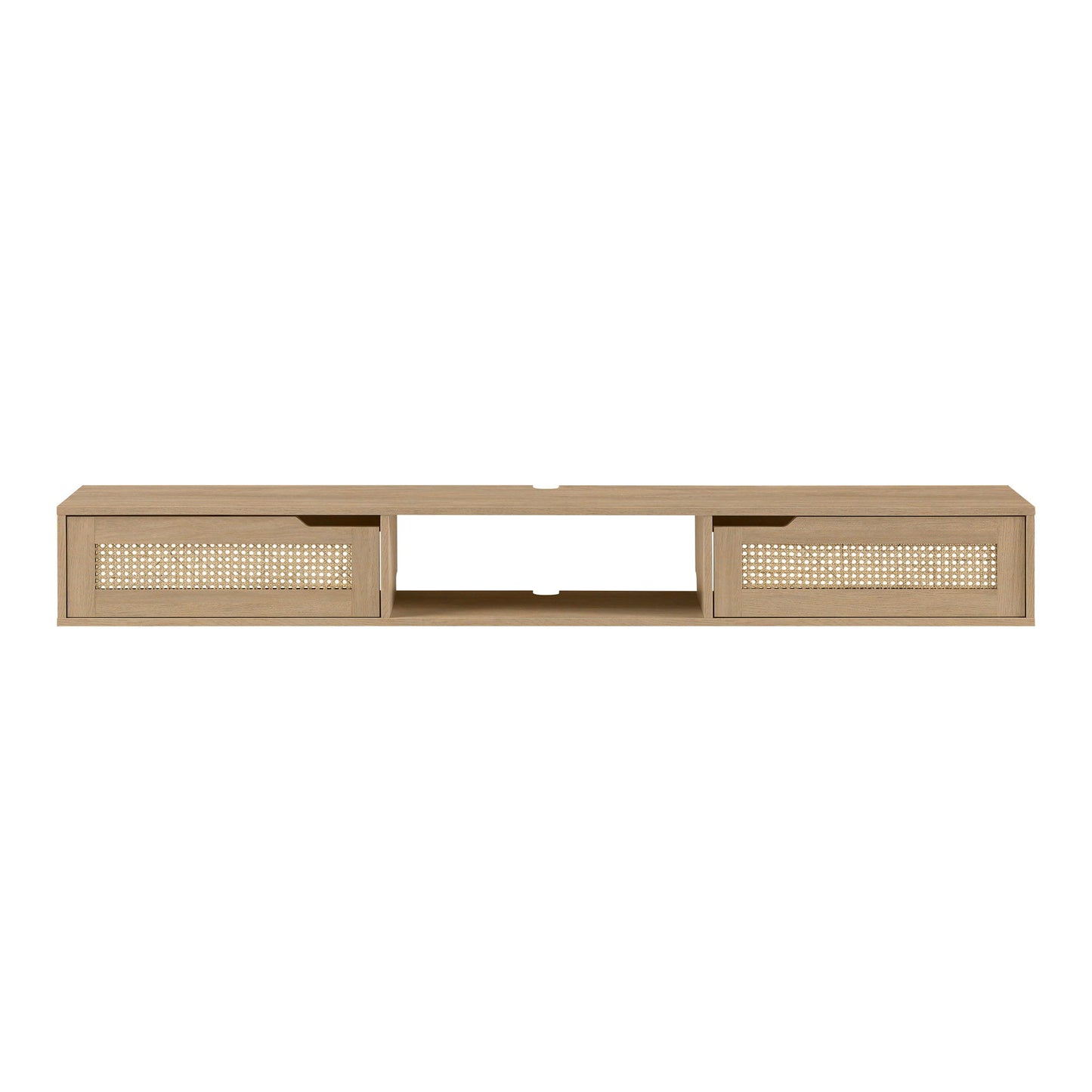 The Modern Rattan Door Floating TV Stand for TVs up to 80" features a light wood finish, two rattan-front drawers on each side, and an open middle shelf, displayed against a white background.