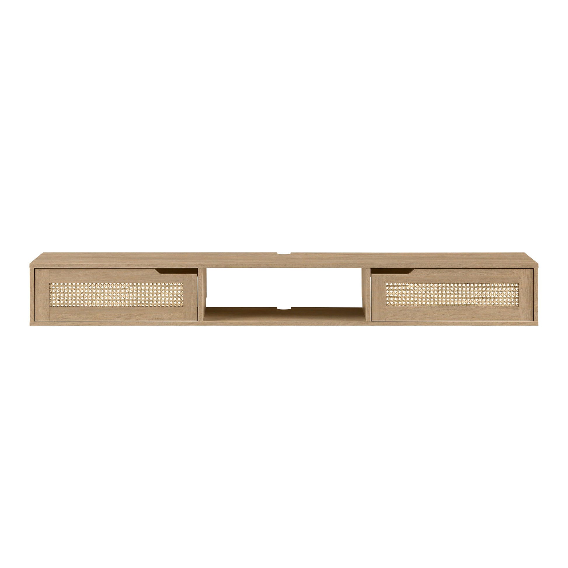 The Modern Rattan Door Floating TV Stand for TVs up to 80" features a light wood finish, two rattan-front drawers on each side, and an open middle shelf, displayed against a white background.