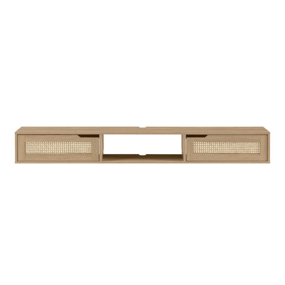 The Modern Rattan Door Floating TV Stand for TVs up to 80" features a light wood finish, two rattan-front drawers on each side, and an open middle shelf, displayed against a white background.