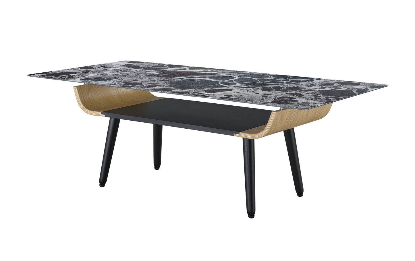 The Landon coffee table features a glass marble texture top, bent wood design sides, a lower black shelf, and four black angled legs.