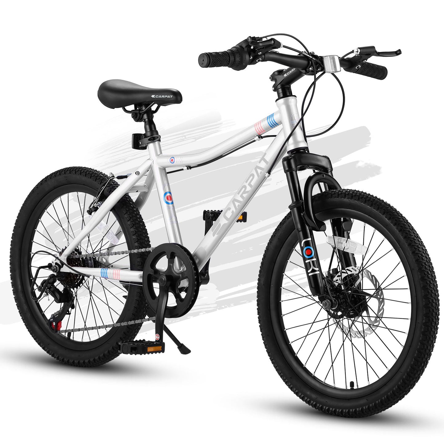 The S20101 20" Kids' Mountain Bike for ages 8-12 features a white high-steel frame, black tires, front suspension fork, black seat, disc and V-brakes. Shown at an angle on a white background with gray paint streaks.