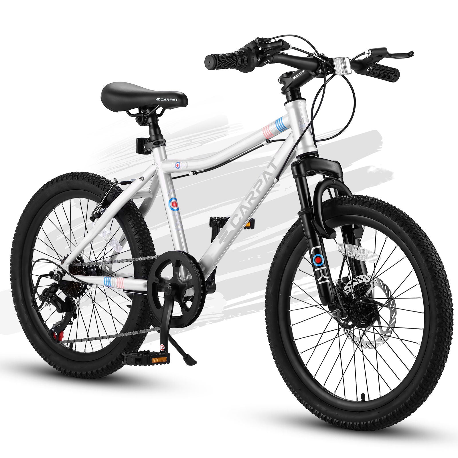 The S20101 20" Kids' Mountain Bike for ages 8-12 features a white high-steel frame, black tires, front suspension fork, black seat, disc and V-brakes. Shown at an angle on a white background with gray paint streaks.