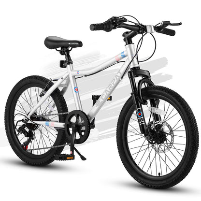 The S20101 20" Kids' Mountain Bike for ages 8-12 features a white high-steel frame, black tires, front suspension fork, black seat, disc and V-brakes. Shown at an angle on a white background with gray paint streaks.