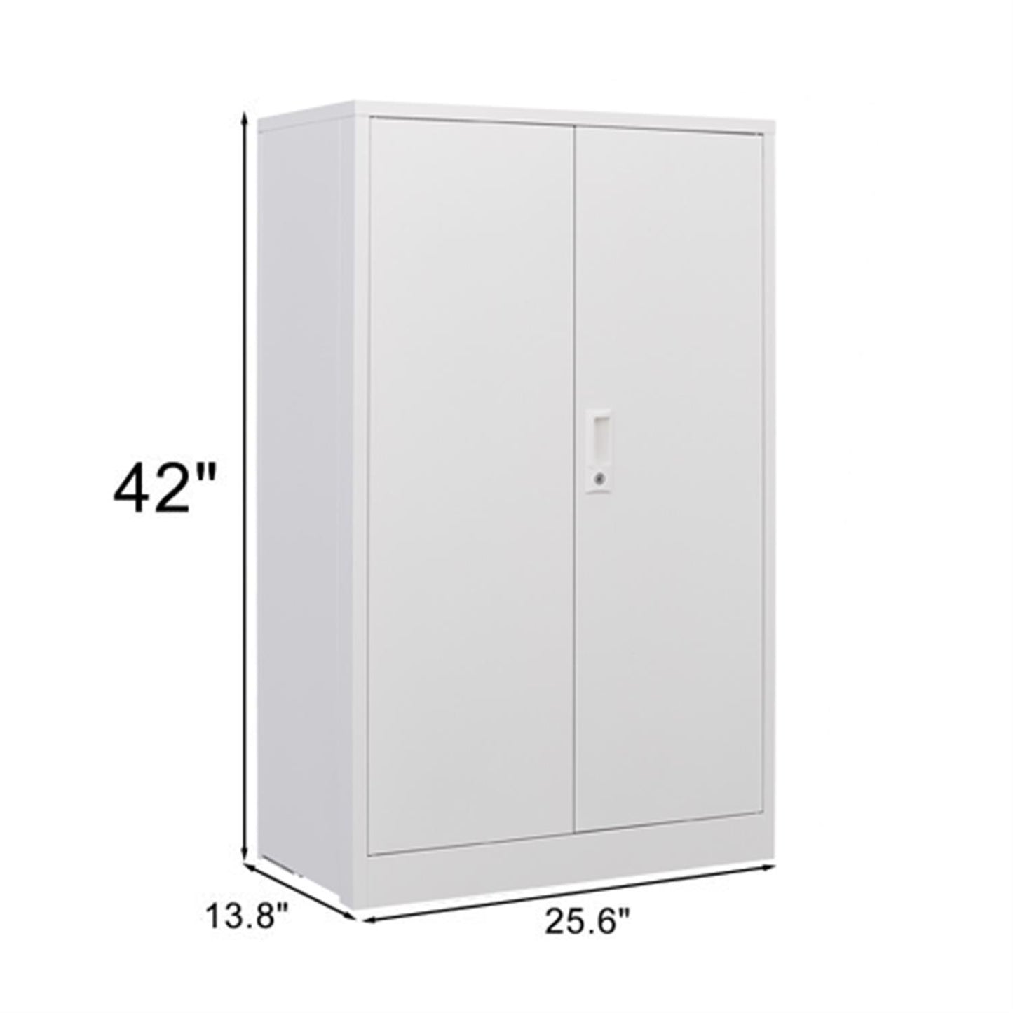 The Metal Storage Cabinet With Locking Doors and Adjustable Shelf is a white cabinet with two doors, a central handle, and measures 42"H x 25.6"W x 13.8"D—ideal for home office, school, or garage storage needs.