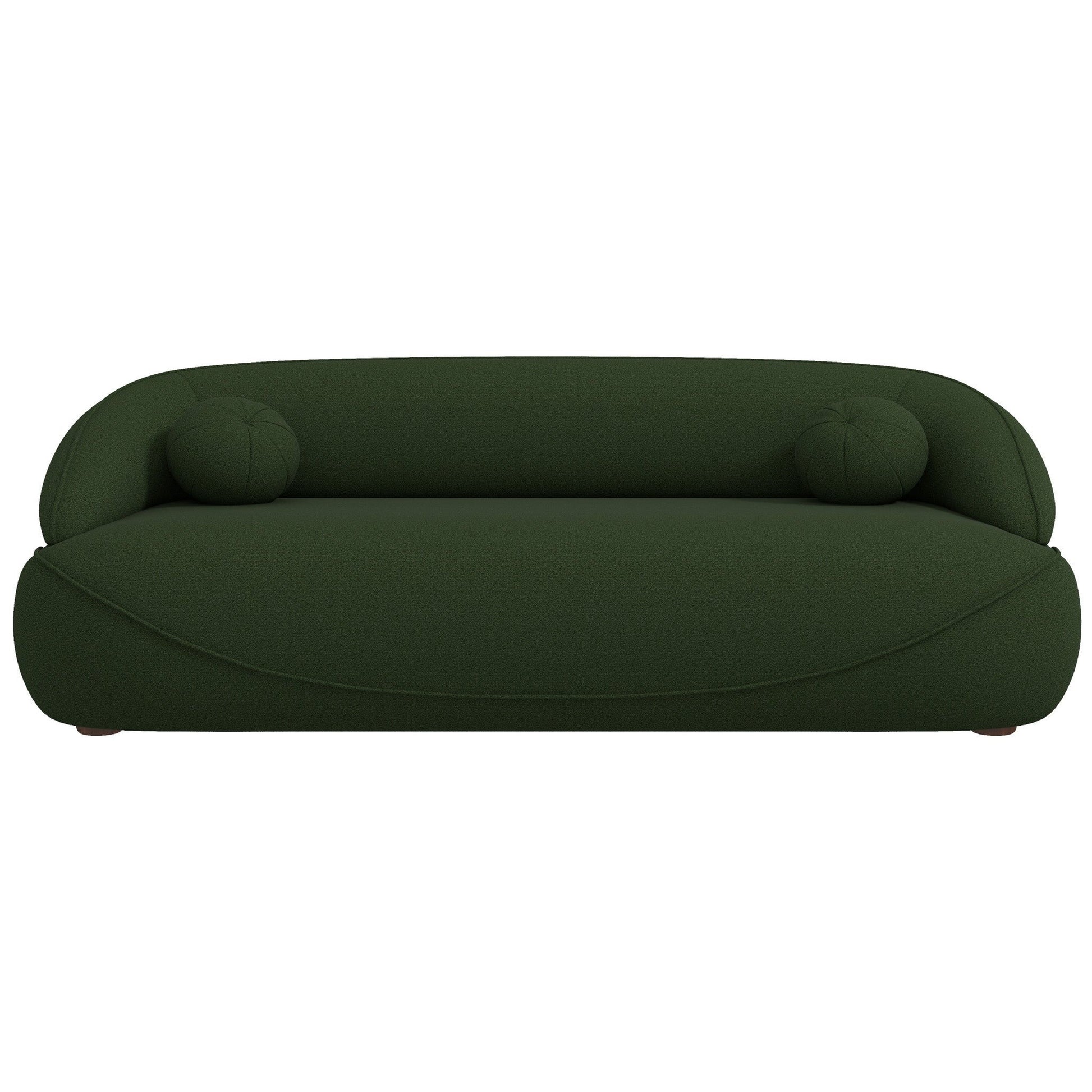 The Andrew Boucle Sofa features a modern design in dark green with rounded edges and two matching cylindrical bolster pillows, shown from the front on a white background.