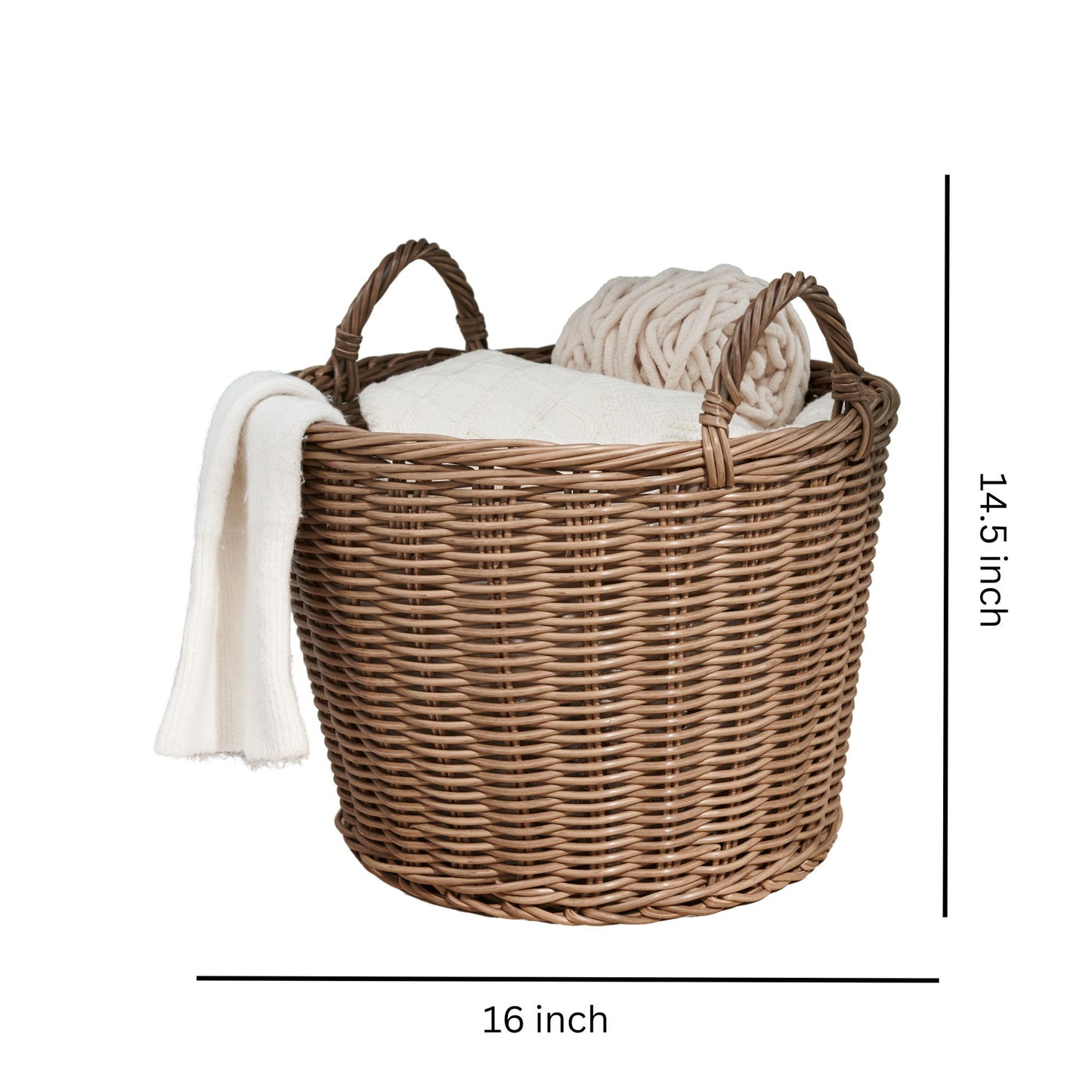 The Round Cone Woven Resin Wicker Basket With Handles for Versatile Storage in Walnut Brown measures 16" wide and 14.5" tall, and comes with two handles, a cream-colored blanket, and a knitted throw inside.