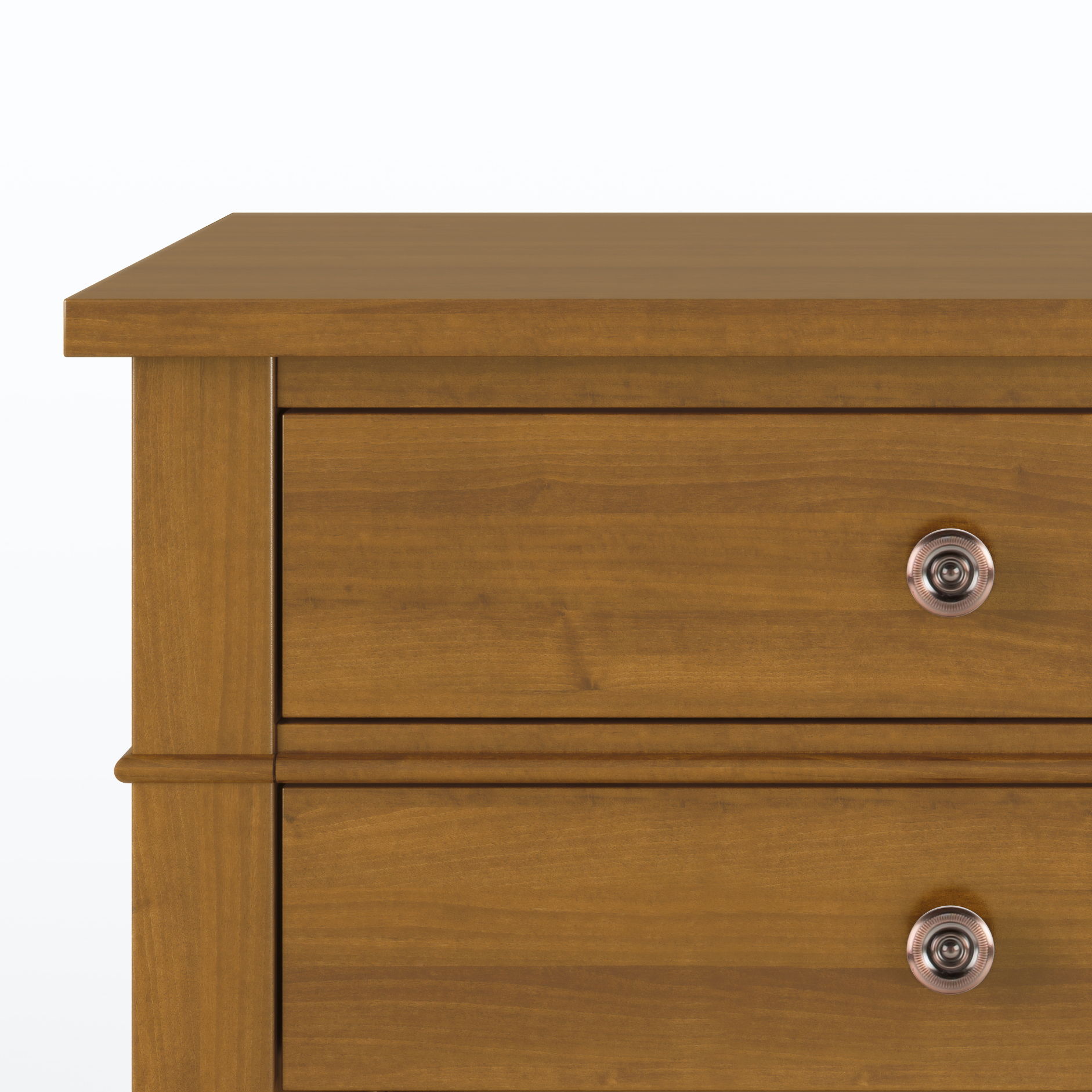 A close-up of the top two drawers of the Carlton Handcrafted Bedside Table, made of wood with a warm brown finish and featuring round metal knobs on each drawer.