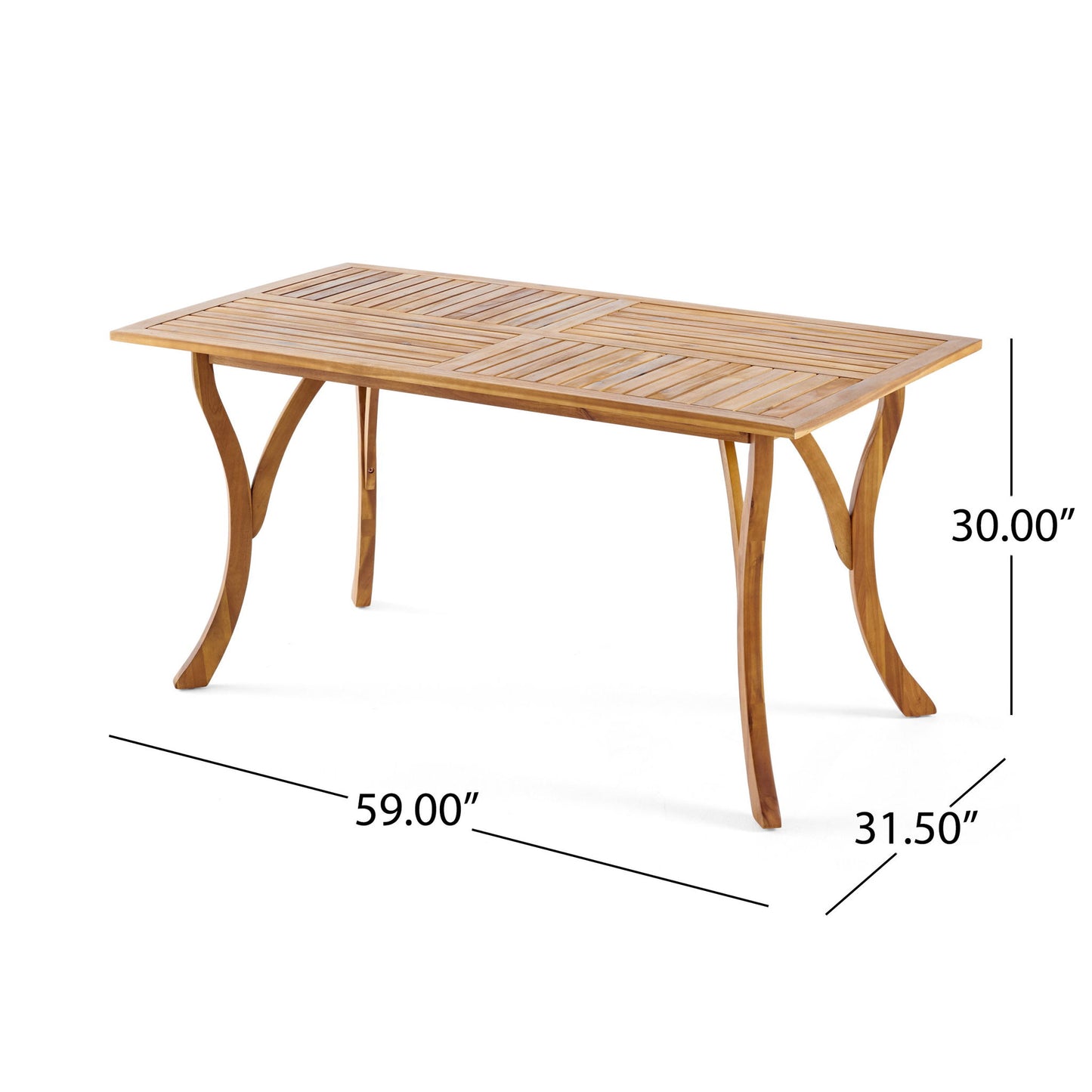 The Outdoor Rectangular Table features curved legs and a tabletop with perpendicular wooden slats, measuring 59" L x 31.5" W x 30" H.