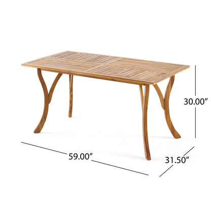 The Outdoor Rectangular Table features curved legs and a tabletop with perpendicular wooden slats, measuring 59" L x 31.5" W x 30" H.