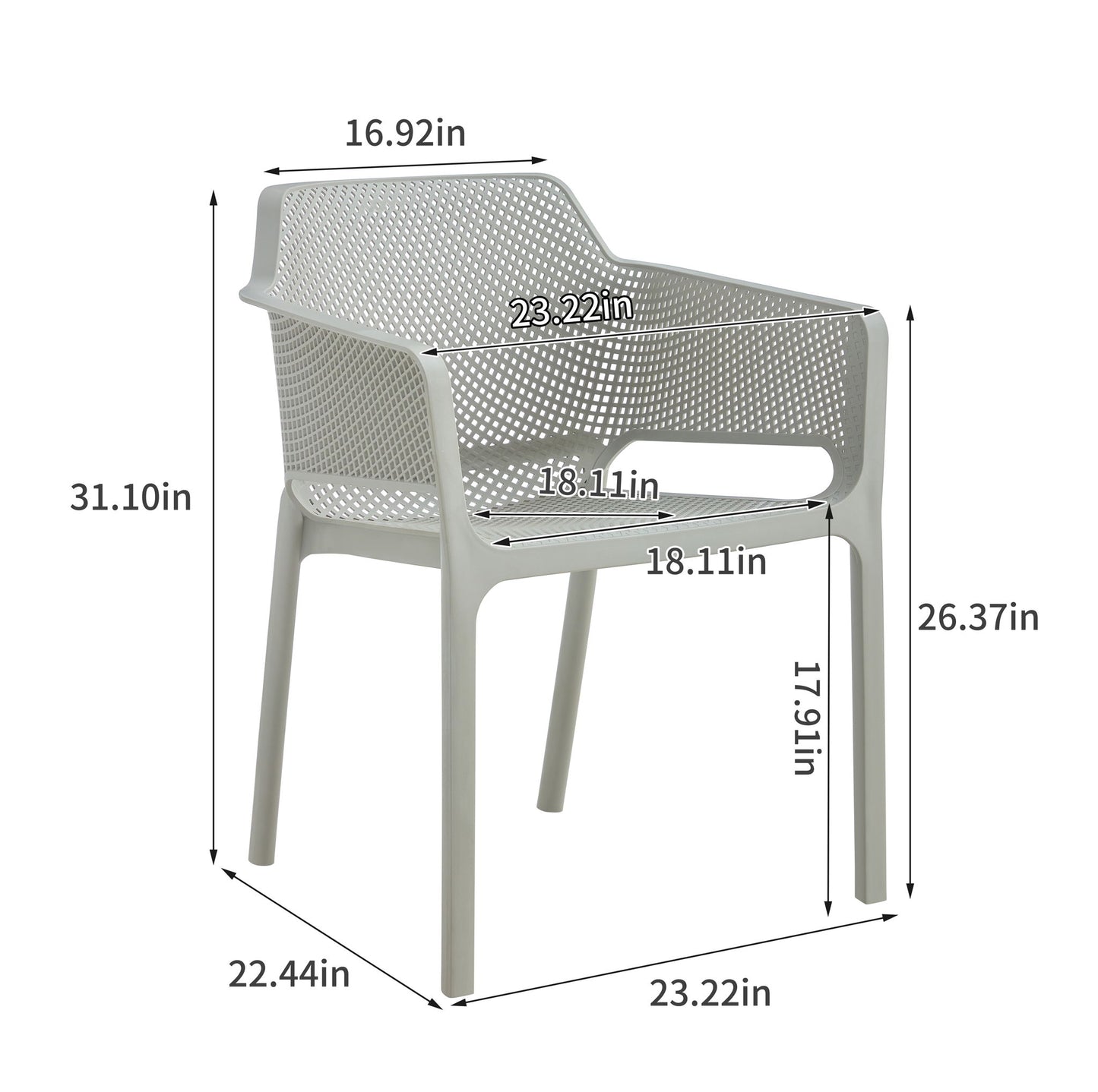 The 3 Piece Plastic Arm Chair Bistro Grs Premium Ocean Plastic is a modern gray chair with a perforated back and seat. Dimensions: H31.10", W23.22", D22.44", Seat H17.91"/D18.11", Arm H26.37", Backrest W16.92".