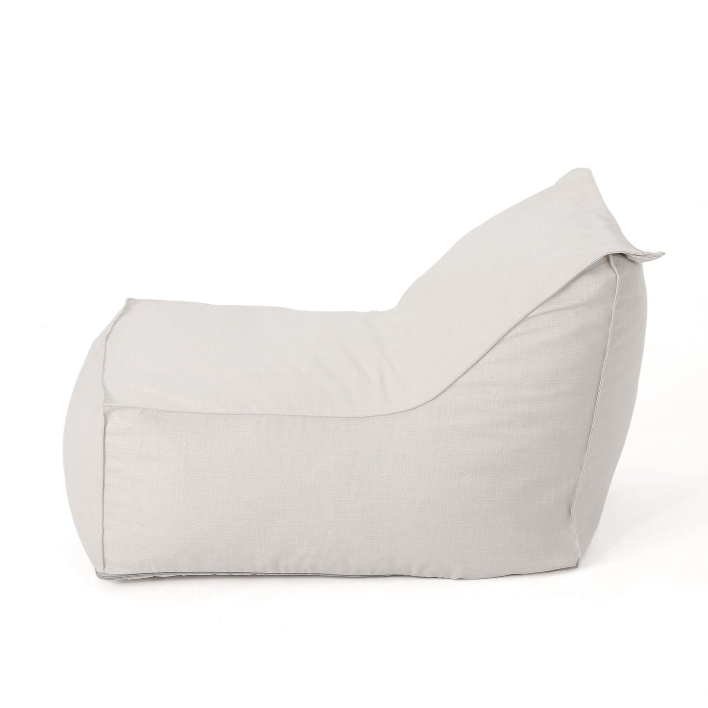 The Ettie Water Resistant Fabric Bean Bag Chair is shown from the side on a plain white background, featuring light gray fabric and a sloped backrest.