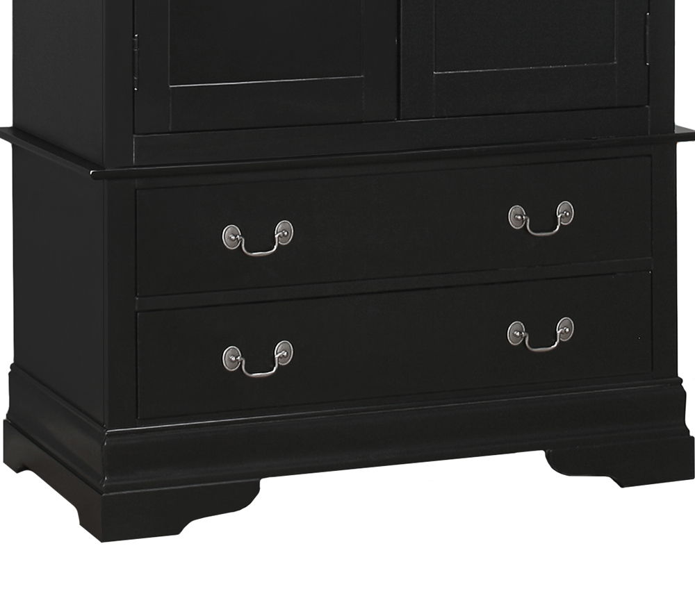 The image shows the lower portion of the Elegant Traditional Armoire, a black wooden piece with two spacious drawers featuring metal handles. Its classic design includes a flared base and decorative feet for added elegance.