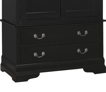The image shows the lower portion of the Elegant Traditional Armoire, a black wooden piece with two spacious drawers featuring metal handles. Its classic design includes a flared base and decorative feet for added elegance.