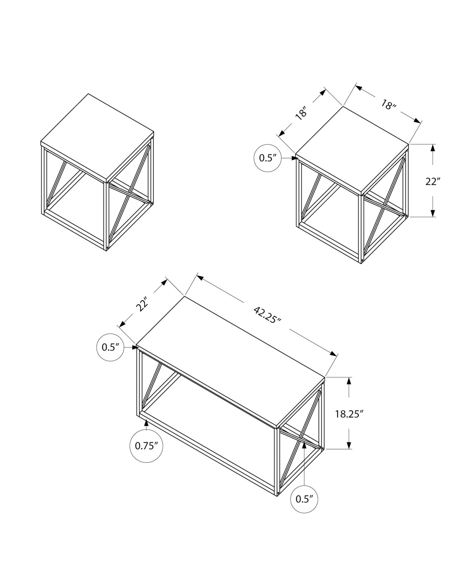 Isometric line drawings of the Table Set (Coffee, End, Side) with marble-look laminate tops: cube (18"x18"x22"), rectangular table (42.25"x22"x18.25"), and open frame, all with 0.5" and 0.75" bar thicknesses. Contemporary & modern style.