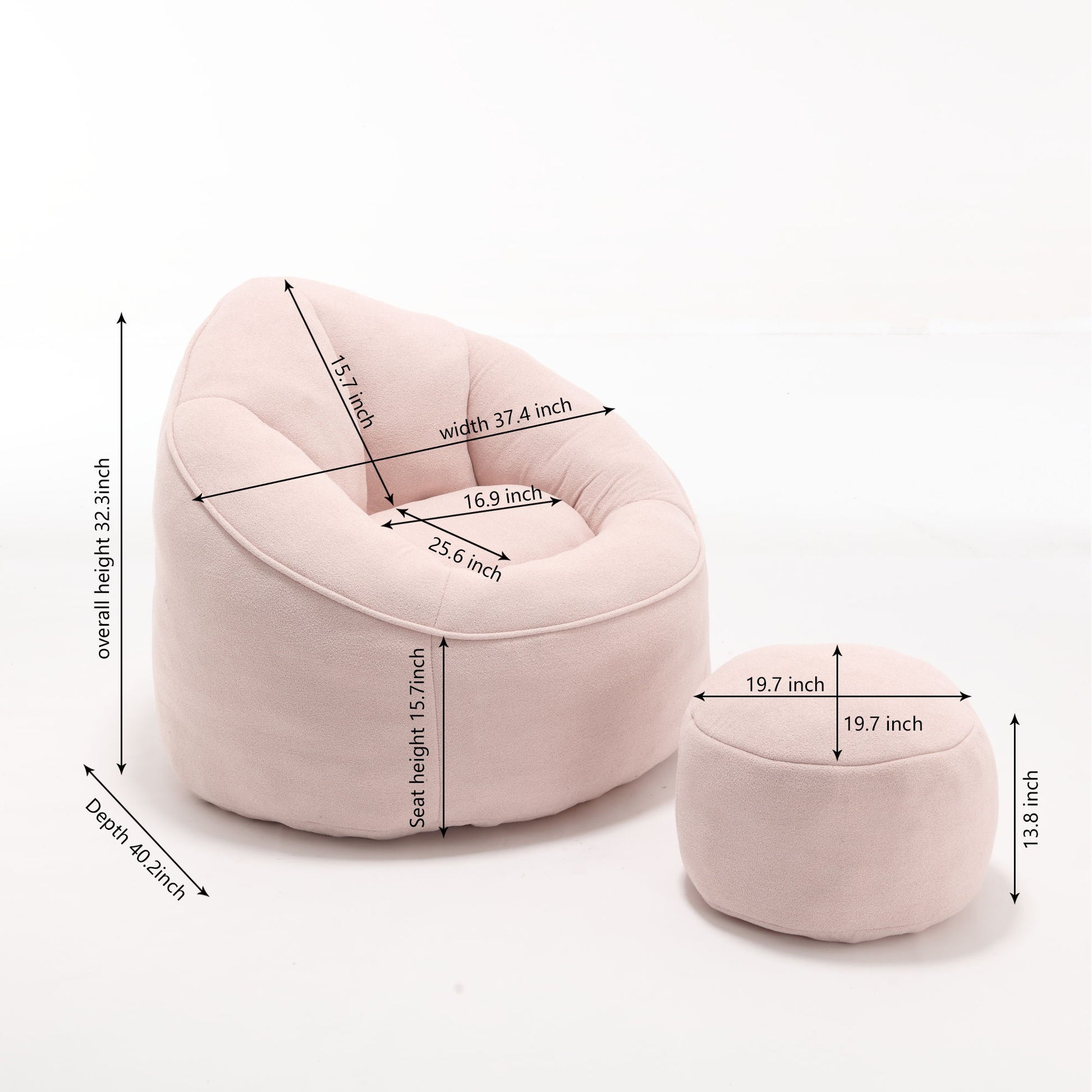 The Bedding Bean Bag Sofa Chair High Pressure Foam With Footrest is shown in light pink on a white background, with labeled measurements for height, width, depth, and seat height in inches.
