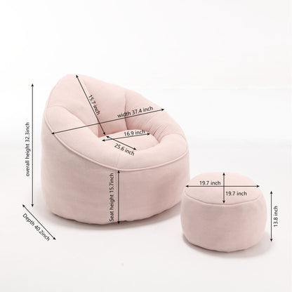 The Bedding Bean Bag Sofa Chair High Pressure Foam With Footrest is shown in light pink on a white background, with labeled measurements for height, width, depth, and seat height in inches.