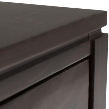 Close-up of the corner of the Cosmopolitan Multipurpose Table, showcasing its smooth dark wood finish and modern, clean edges.