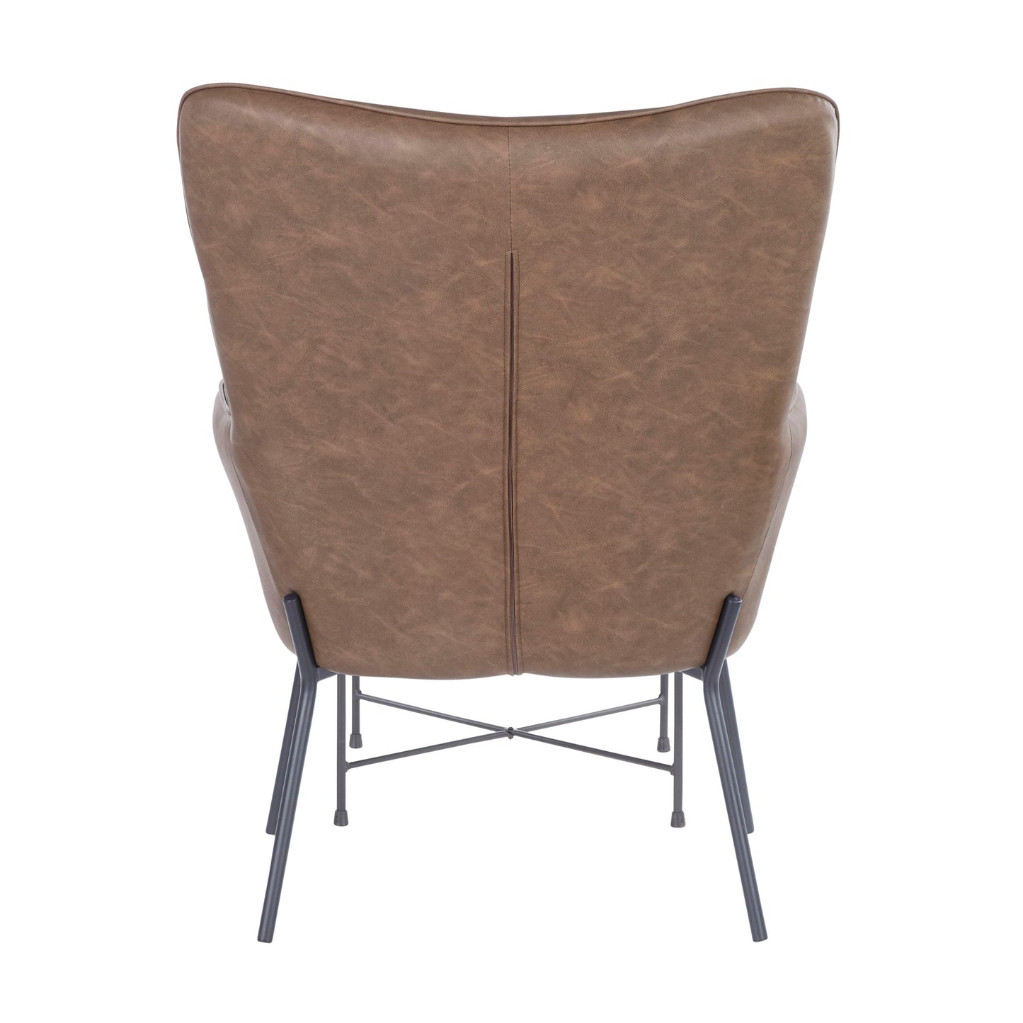 The Izzy - Industrial Lounge Chair & Ottoman Set features a brown leather armchair with a curved backrest, smooth upholstery, and slender black metal legs with crossbar supports, shown from the back.