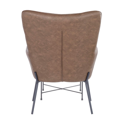 The Izzy - Industrial Lounge Chair & Ottoman Set features a brown leather armchair with a curved backrest, smooth upholstery, and slender black metal legs with crossbar supports, shown from the back.