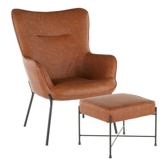 The Izzy Industrial Lounge Chair & Ottoman Set features a modern brown leather armchair with thin black metal legs and a matching square ottoman, both showcasing simple, minimalist designs.