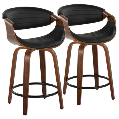 The Symphony set includes two mid-century modern counter stools with swivel seats, curved wooden frames, black padded seats and backrests, angled wooden legs, and round black metal footrests.