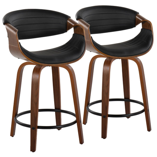 The Symphony set includes two mid-century modern counter stools with swivel seats, curved wooden frames, black padded seats and backrests, angled wooden legs, and round black metal footrests.