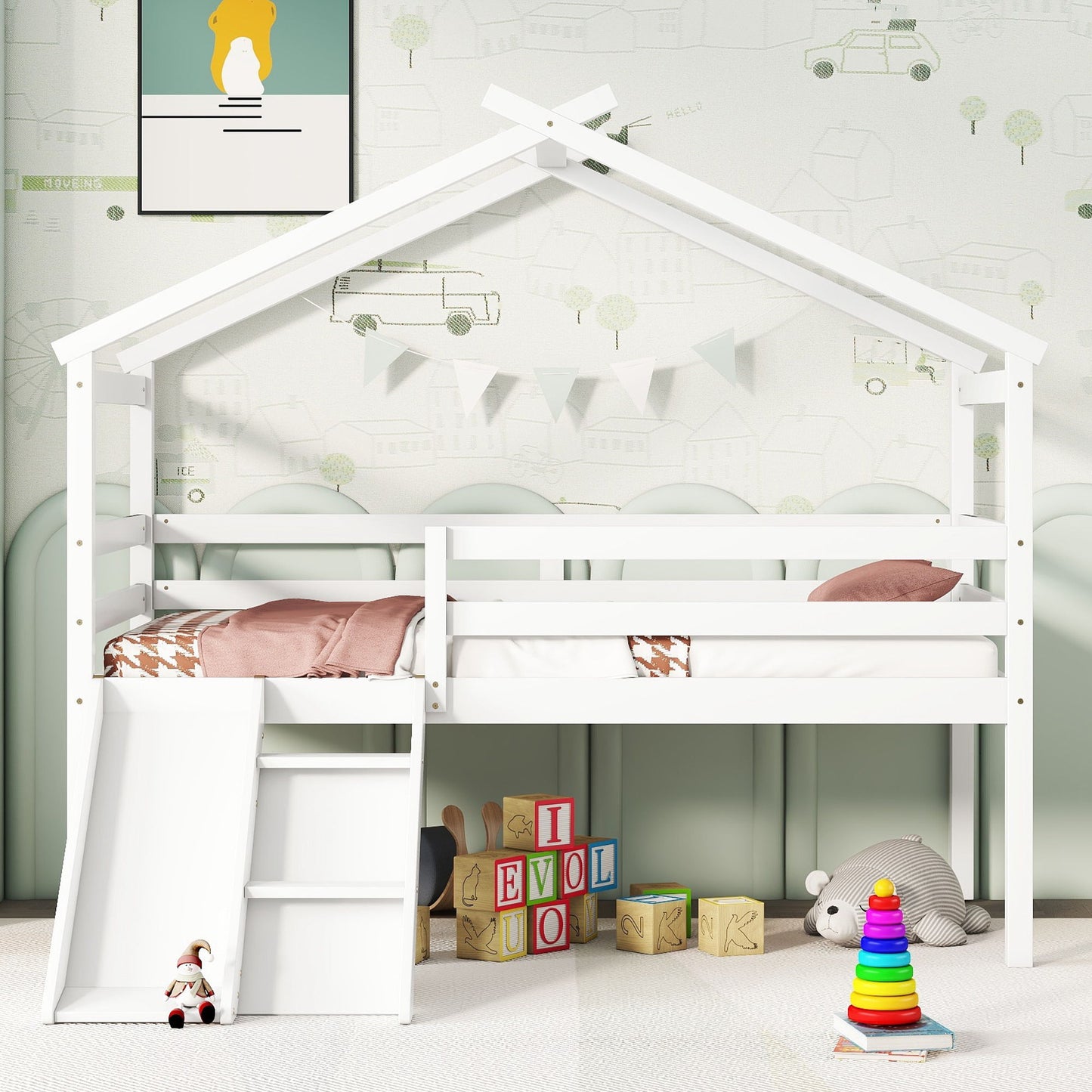 A white Low Loft House Bed With Slide, Ladder, Safety Guardrails, and House Roof Frame features pink bedding, geometric pillows, and a pastel mural wall. Below are wooden blocks, a teddy bear, rainbow stacker toy, doll, and hanging bunting.