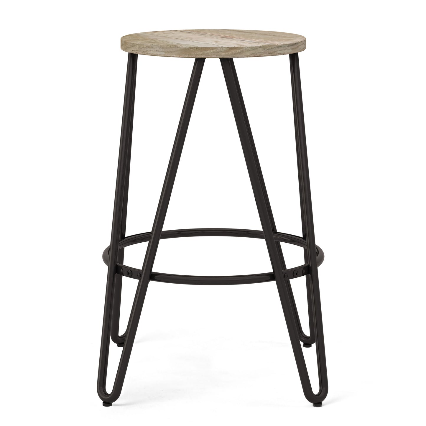 The Simeon Multifunctional Metal Stool features a round light wood seat, black metal legs, and a circular footrest for added stability.