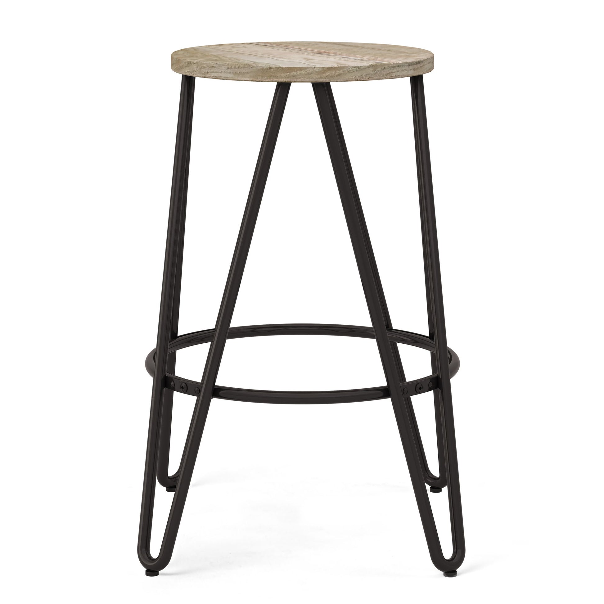 The Simeon Multifunctional Metal Stool features a round light wood seat, black metal legs, and a circular footrest for added stability.