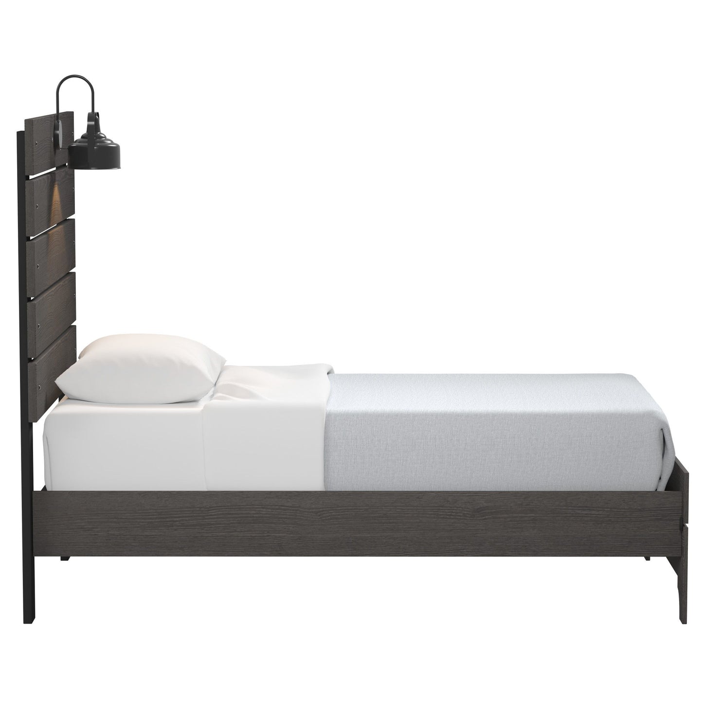 The Junipe - Bed With Lights is a modern single bed featuring a dark wood frame, white pillow and sheet, light gray blanket, and a built-in black lamp on the headboard. Shown from the side against a white background.