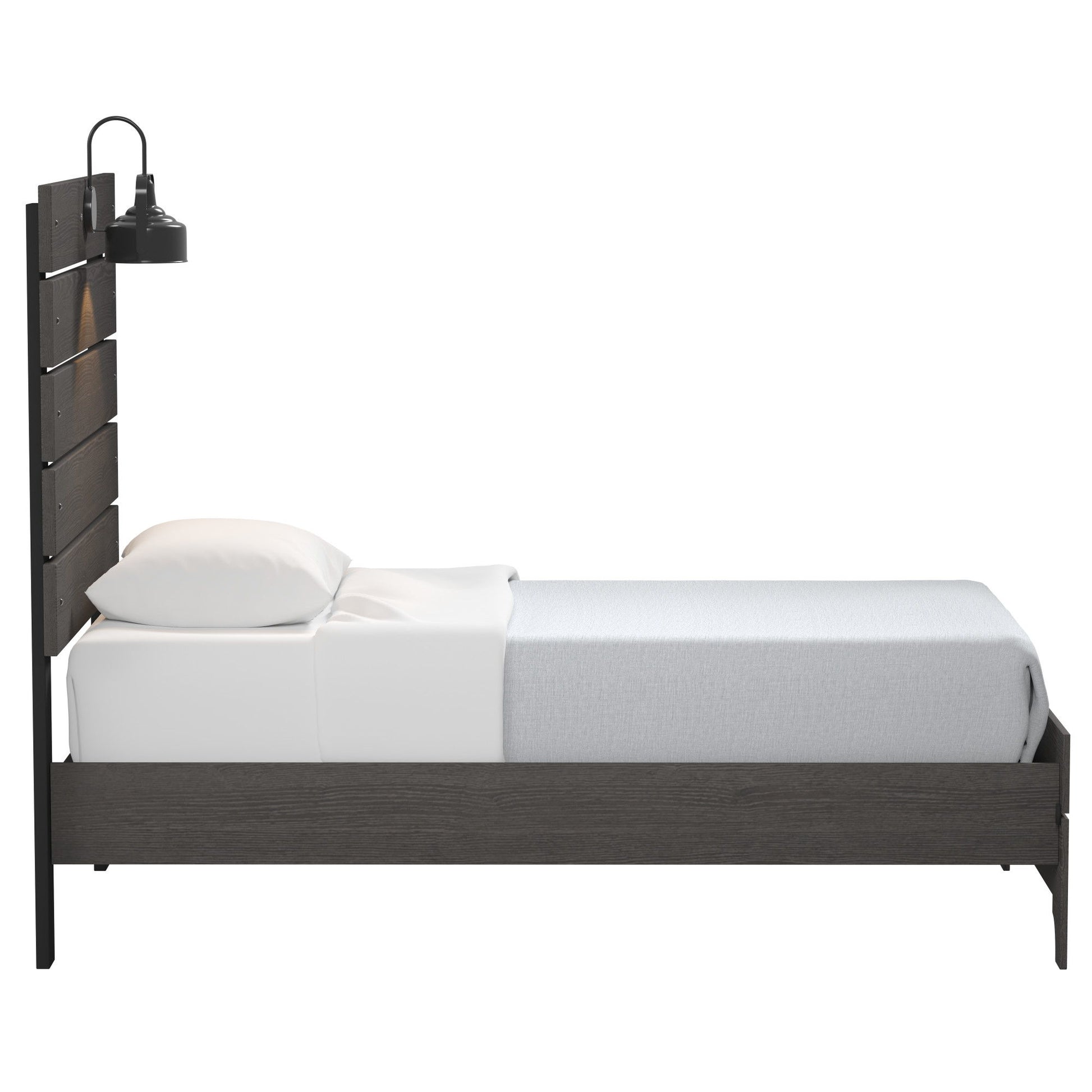 The Junipe - Bed With Lights is a modern single bed featuring a dark wood frame, white pillow and sheet, light gray blanket, and a built-in black lamp on the headboard. Shown from the side against a white background.